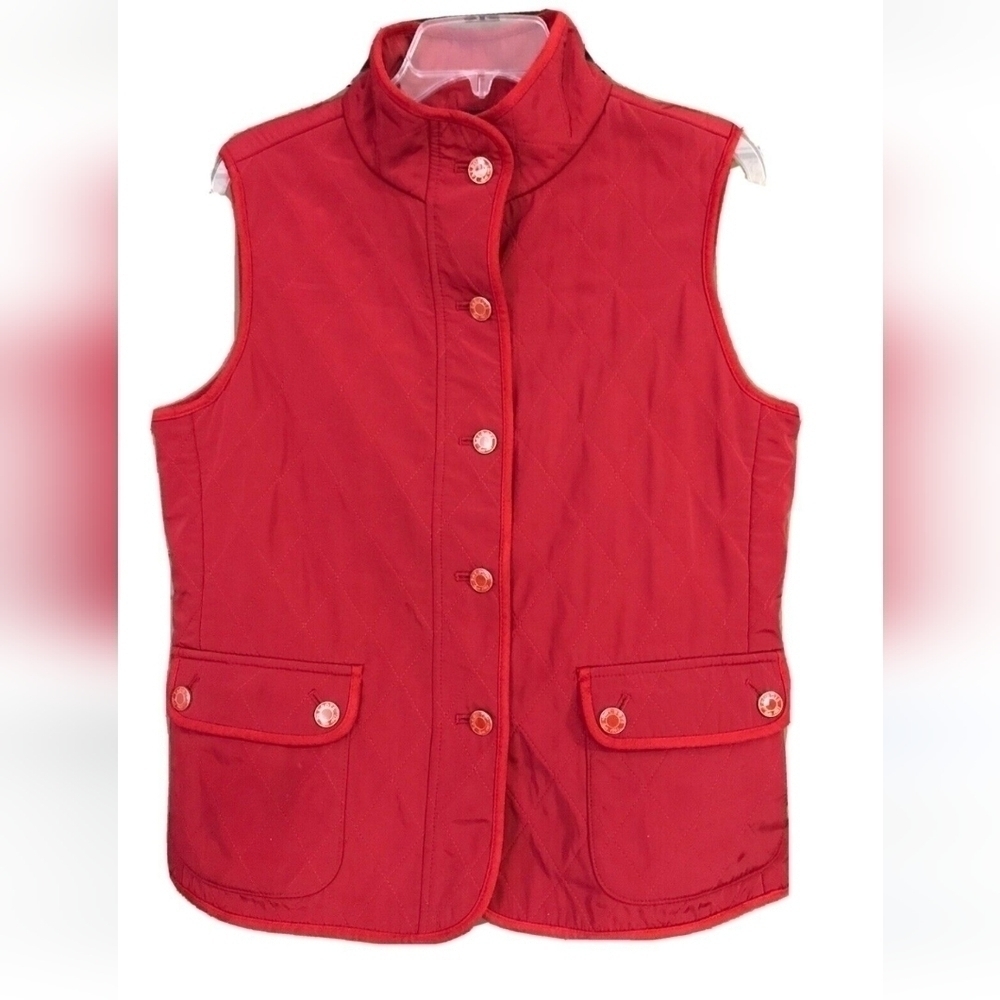 TALBOTS Petite Red Button Down Quilted Vest sz small Gold Talbot Buttons